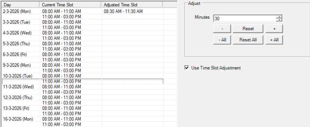 Time Slot Adjusted on Monday showing adjusted time in the Adjusted Time Slot column