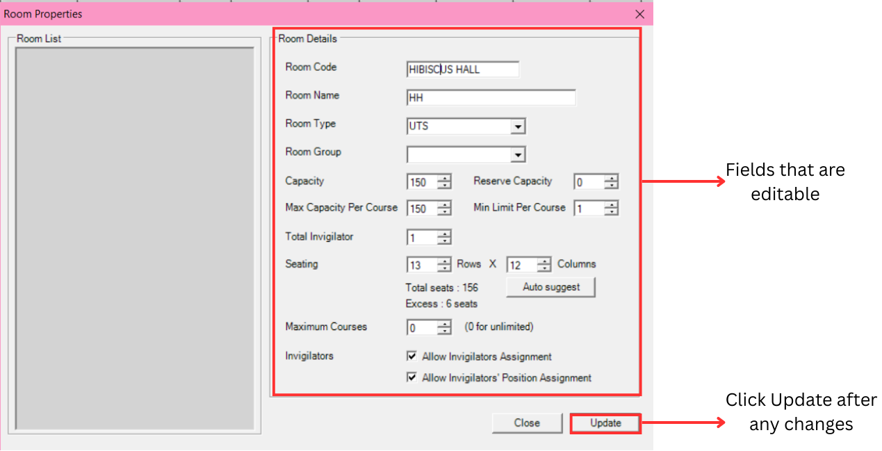 Room Properties window showing editable room details