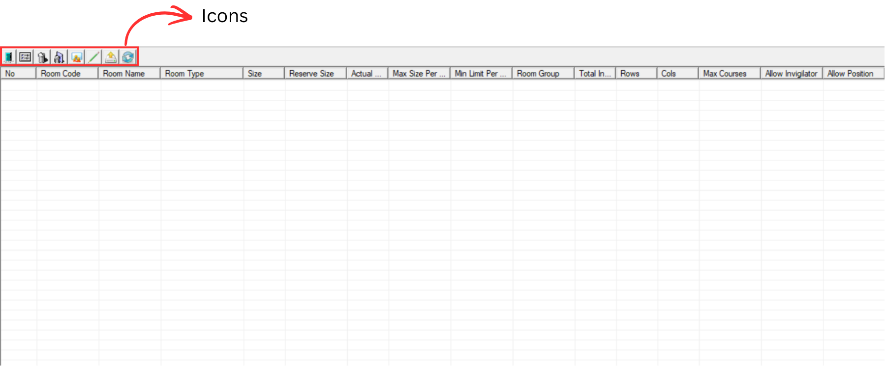 Room List window showing icons and column headers
