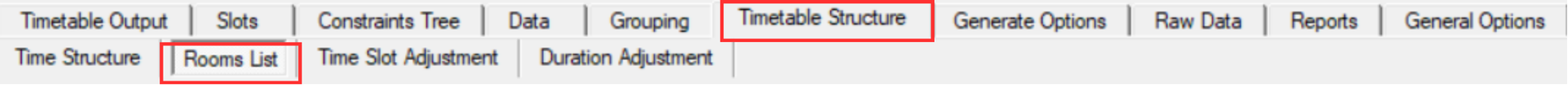 Location of Room List tab under Timetable Structure
