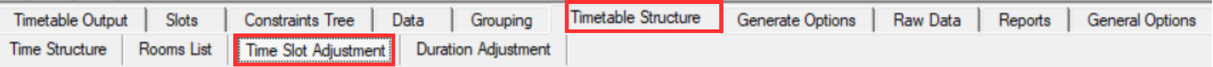 Location of Time Slot Adjustment tab under Timetable Structure
