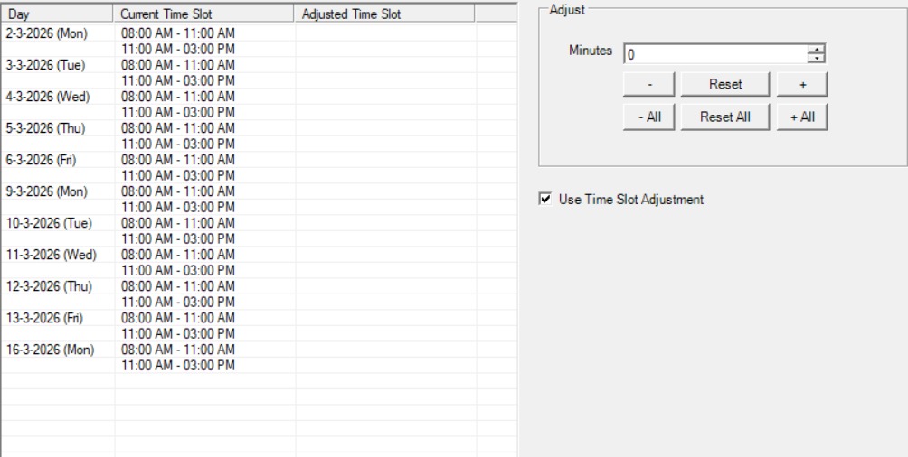 Time Slot Adjustment window showing Day, Current Time Slot, Adjusted Time Slot, and Adjust panel