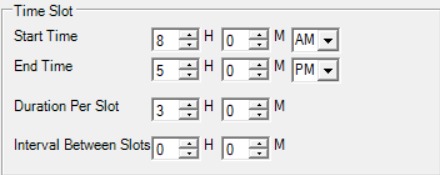 Time Slot settings showing Start Time, End Time, Duration Per Slot, and Interval Between Slots