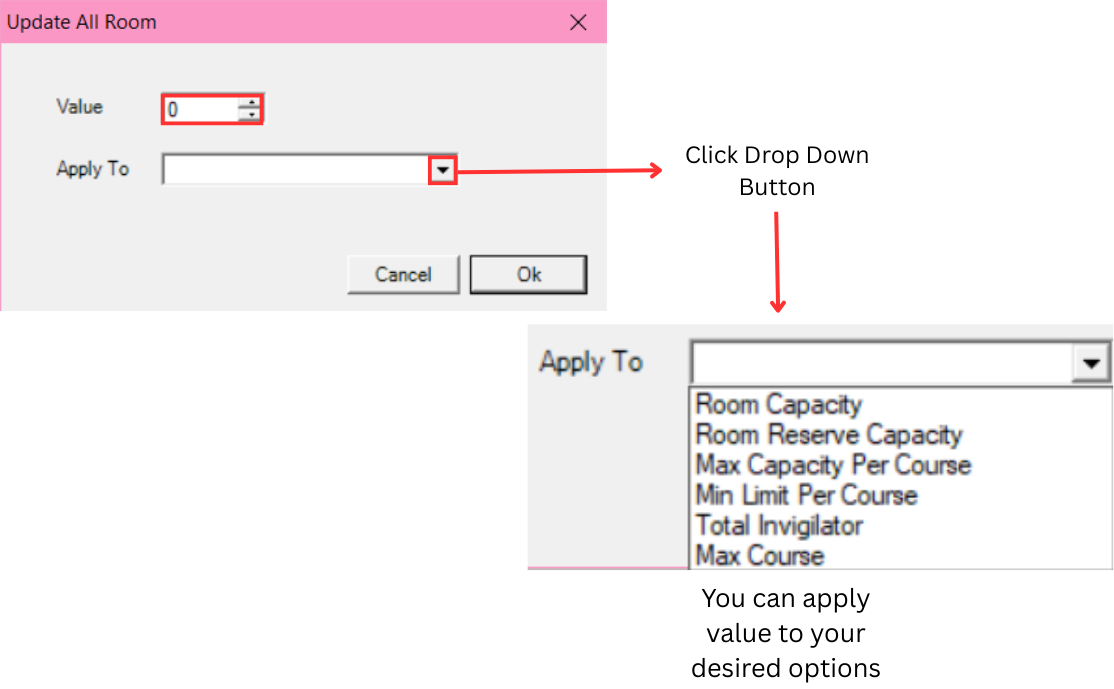 Update Value All Room window showing Value field and Apply To dropdown