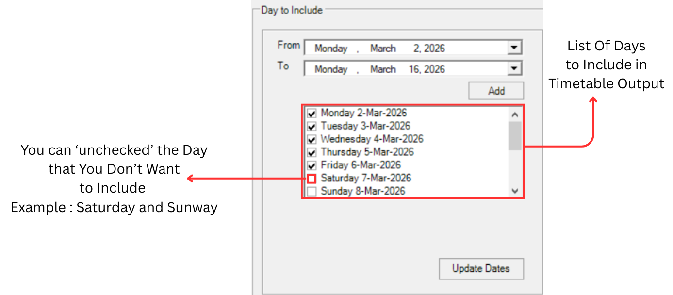Day to Include with populated day list showing checked weekdays and unchecked weekends