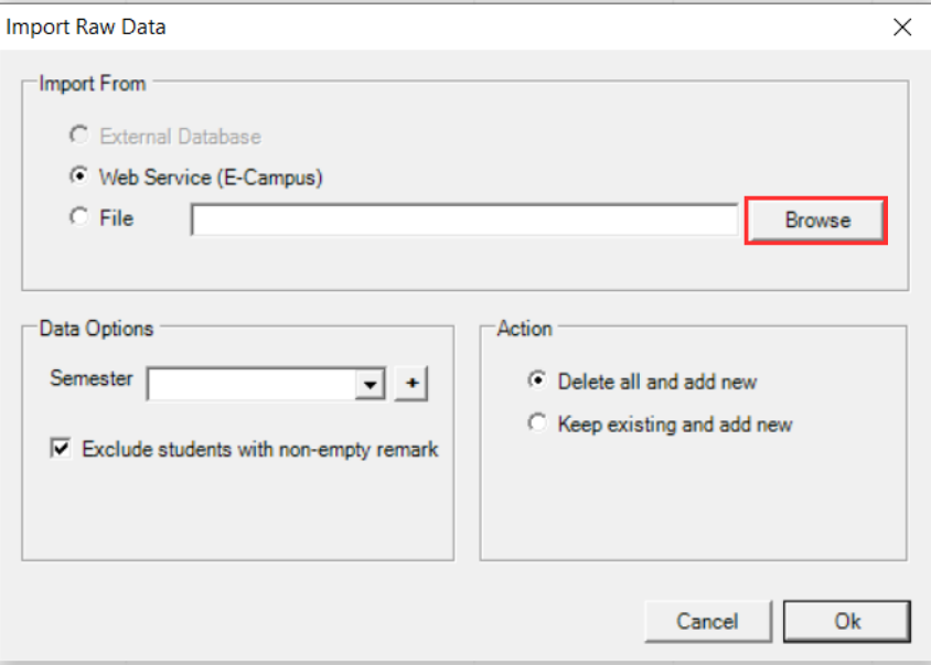 Browse for student raw data file