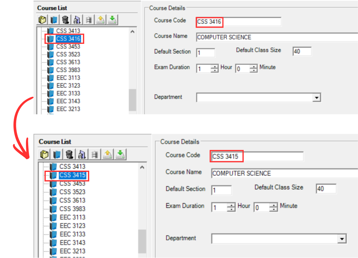 Before and after changing course code