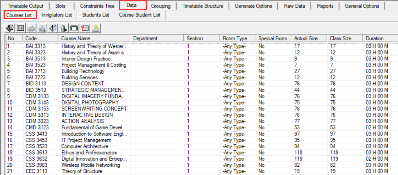 Course List Window