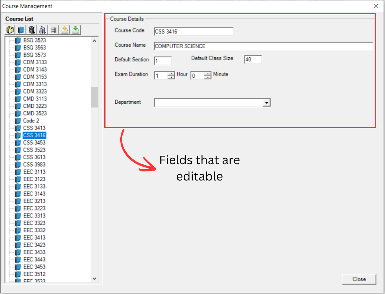 Course selected with editable fields highlighted