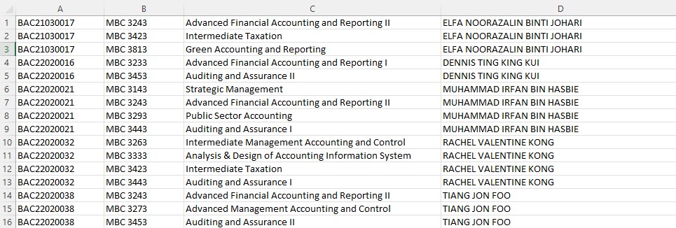 Sample Student Raw Data Excel file format showing Student ID, Course Code, Course Name, and Student Name columns