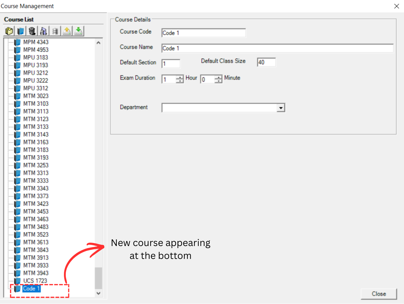 New course appearing in course list
