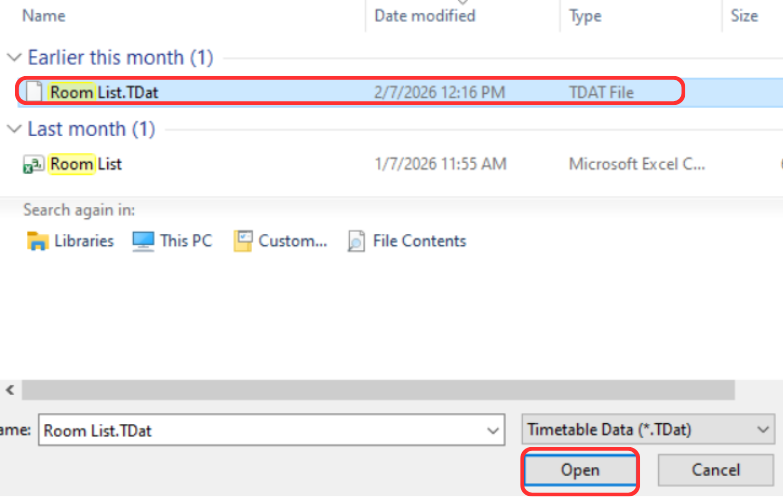 File browser with .TDat file selected