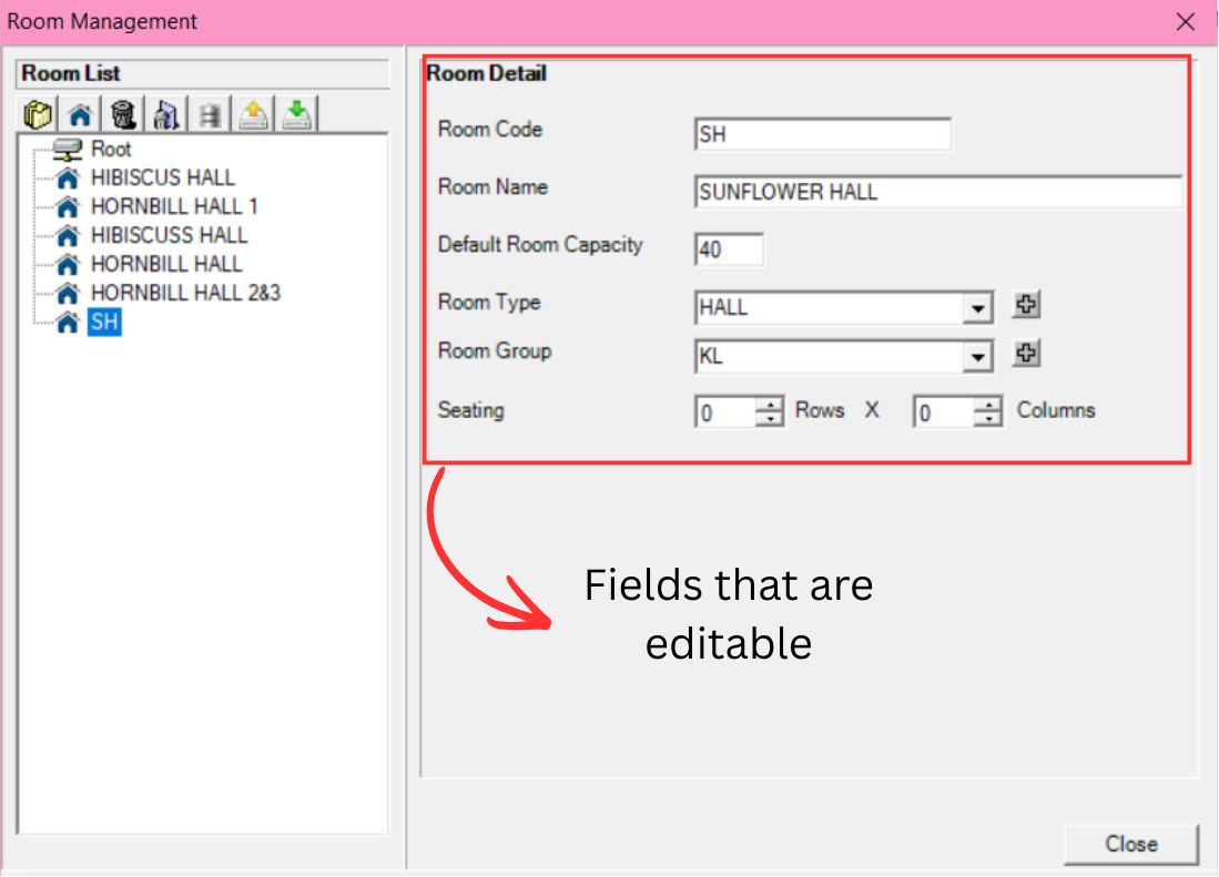 Room selected with editable fields highlighted