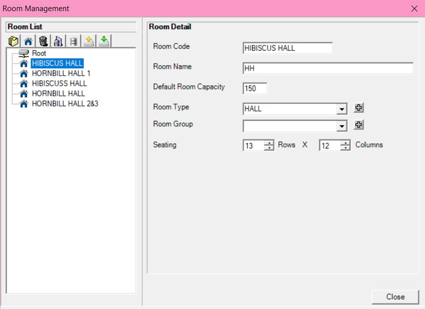 Room list displayed under Root