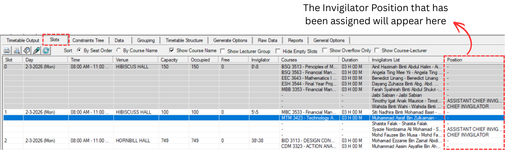 Slots tab showing assigned invigilator positions in the Position column