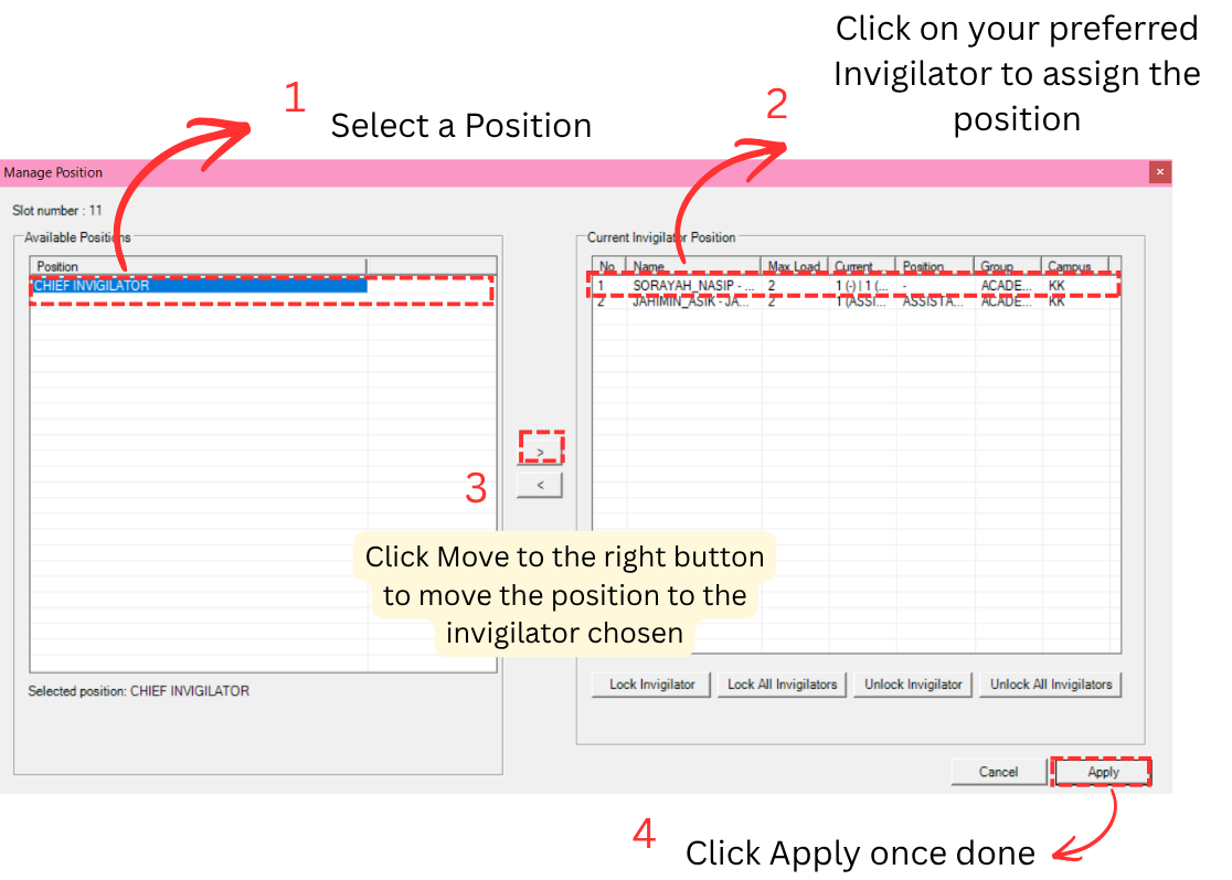 Allocate Position into Invigilator