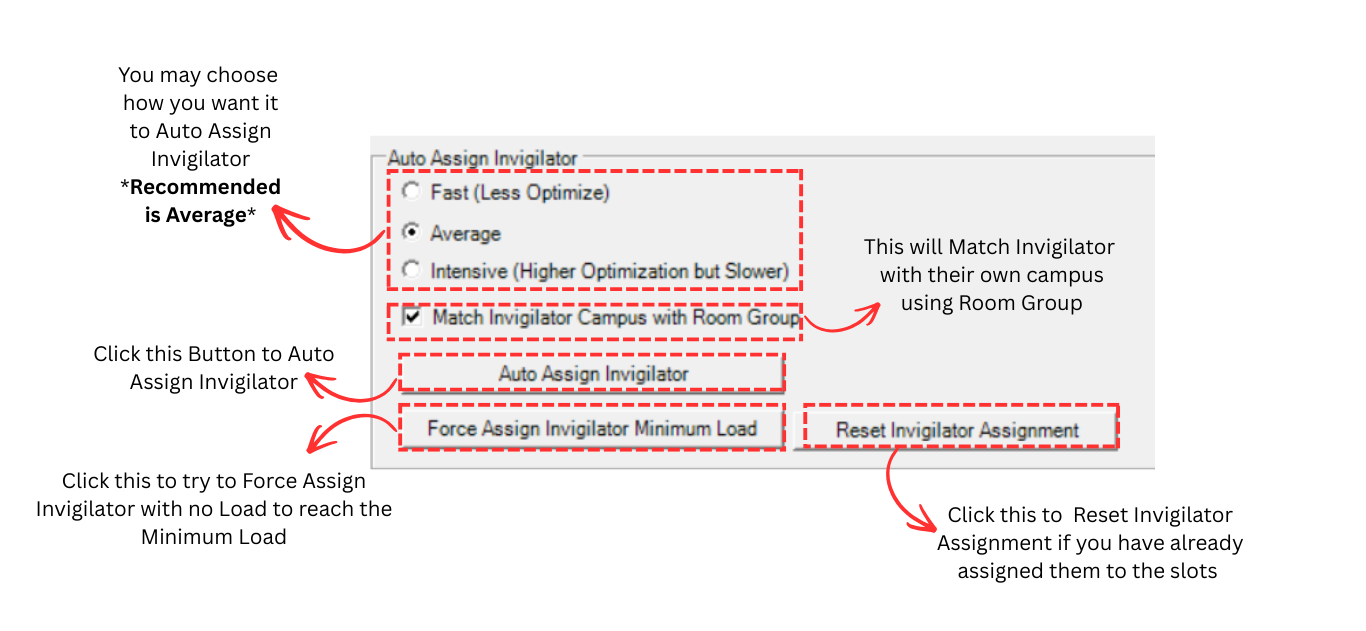 Auto Assign Invigilator section showing quality options, Match Campus checkbox, and action buttons