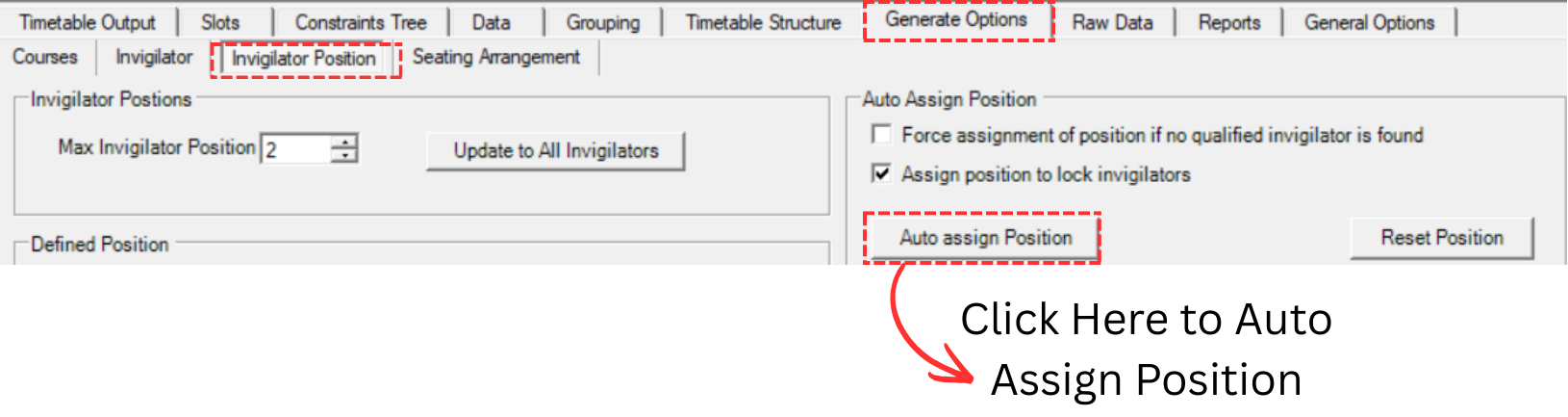 Location of Auto Assign Position button at Invigilator Position under Generate Options tab