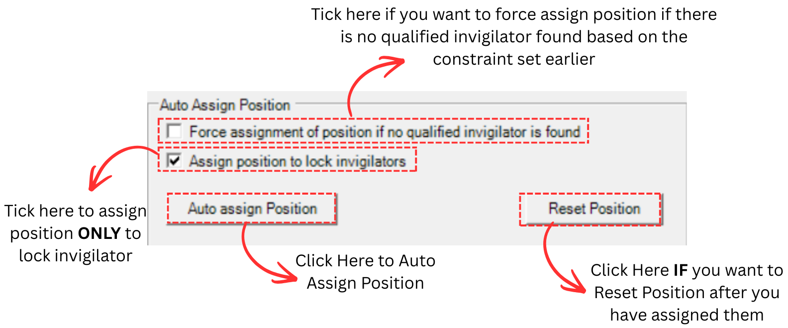 Auto Assign Position section showing Force assignment checkbox, Assign position to lock invigilators checkbox, Auto Assign Position button, and Reset Position button