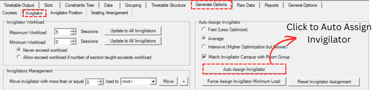 Location of Auto Assign Invigilator button in Generate Options