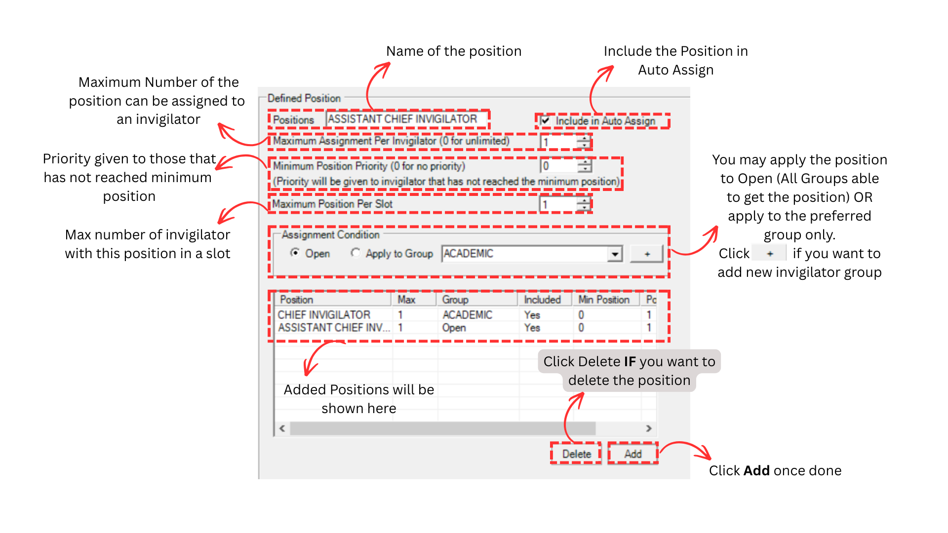 Defined Position section showing position name, assignment limits, priority, assignment condition, and position table with Chief Invigilator and Assistant Chief Invigilator