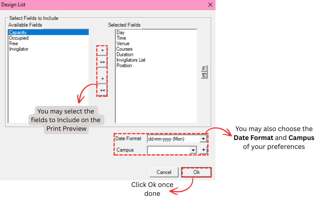 Design Print List window with field selection