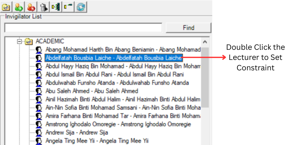 Double click lecturer in Invigilator Grouping to open Lecturer Constraints