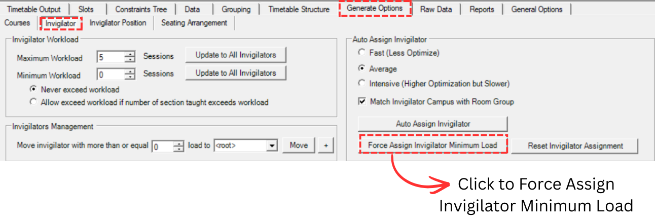 Location of Force Assign Invigilator Minimum Load button in Generate Options