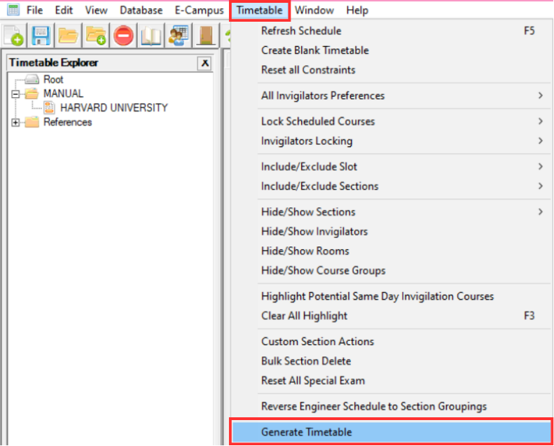 Timetable menu showing Generate Timetable option