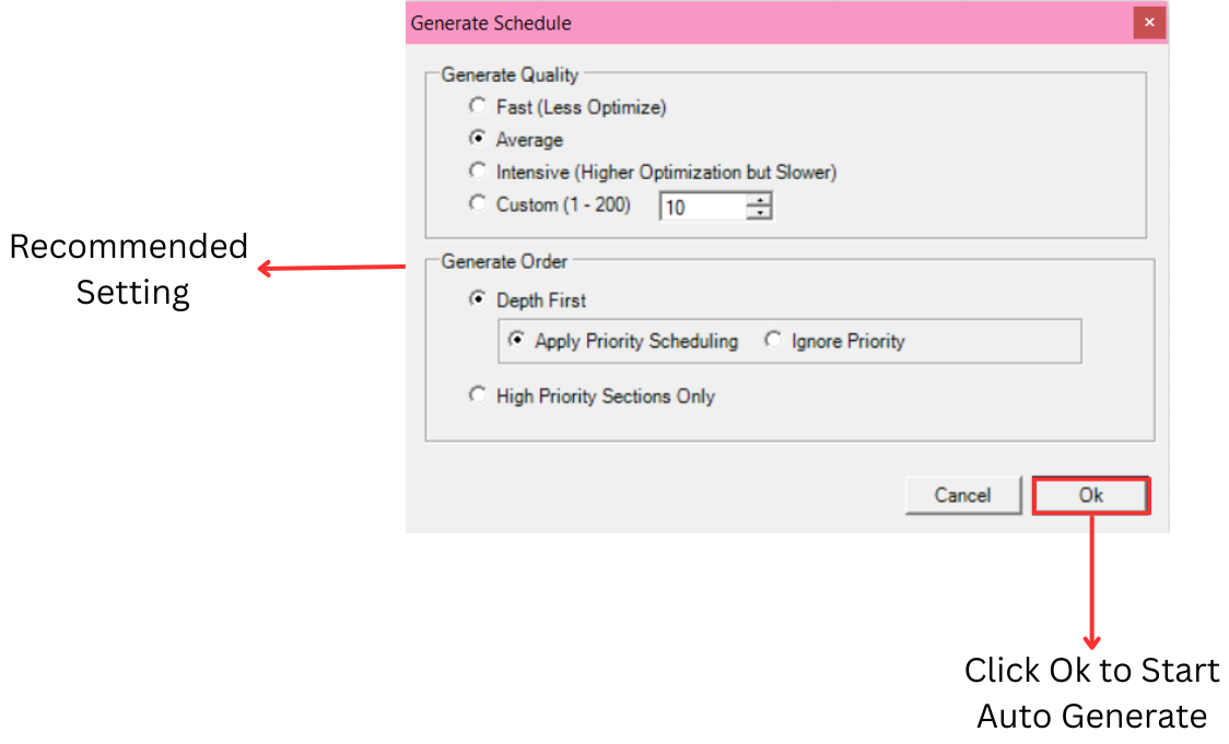 Generate Schedule window showing Generate Quality and Generate Order options