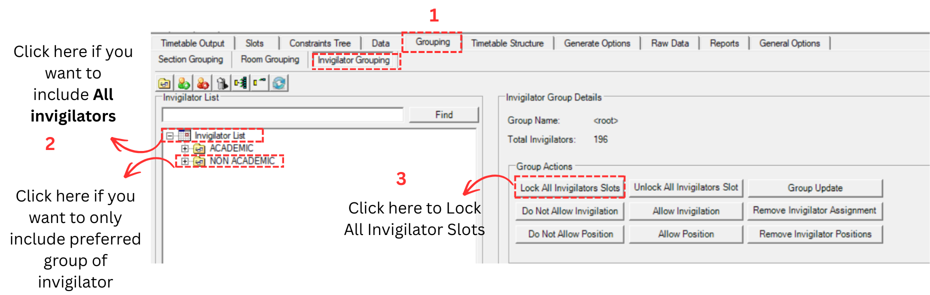Invigilator Grouping window showing how to select all invigilators or a specific group, and Lock All Invigilators Slots button