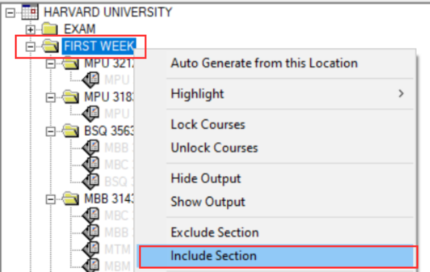 Right-click FIRST WEEK folder and select Include Section