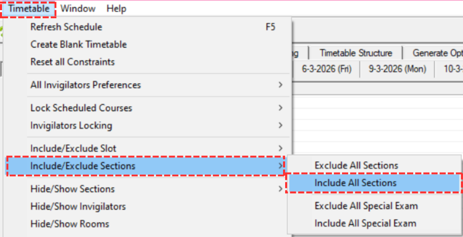 Timetable menu showing Include/Exclude Sections submenu with Include All Sections option