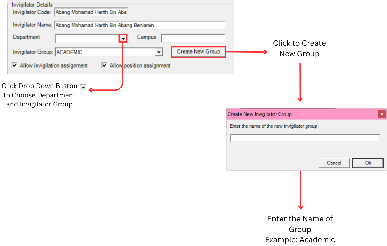 Invigilator Details section showing code, name, department, group, and Create New Group button