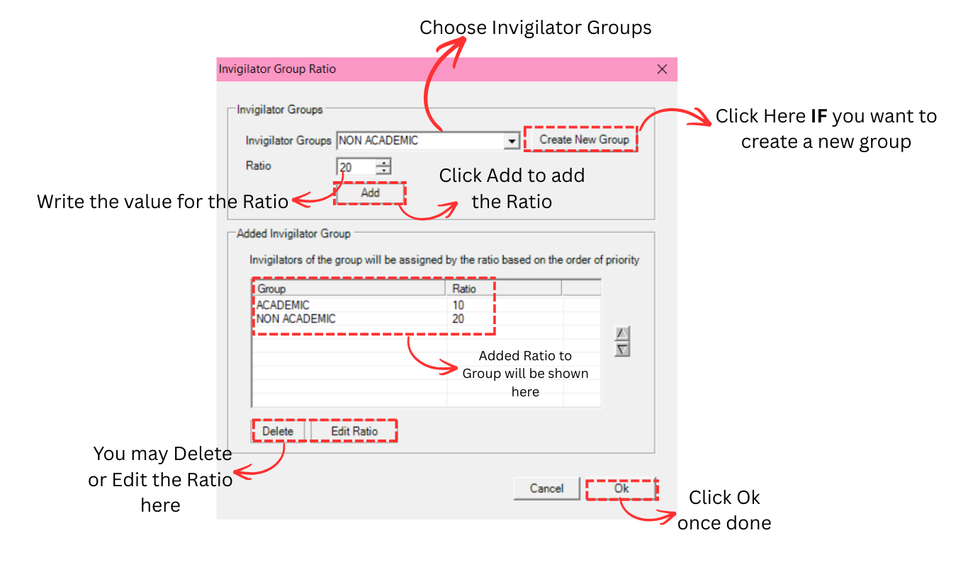Invigilator Group Ratio window showing group selection, ratio input, and added groups