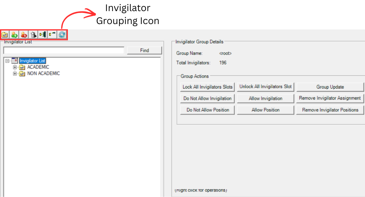 Invigilator Grouping window showing group list and Group Actions