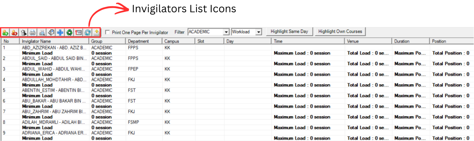 Invigilators List window showing all invigilators with their details
