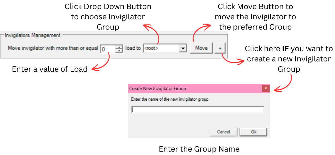 Invigilators Management section showing move options, dropdown, and Create New Group