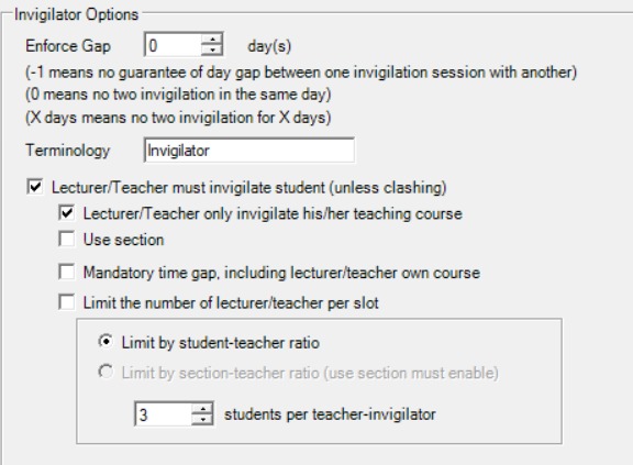 Invigilator Options section showing Enforce Gap, Terminology, and checkbox options