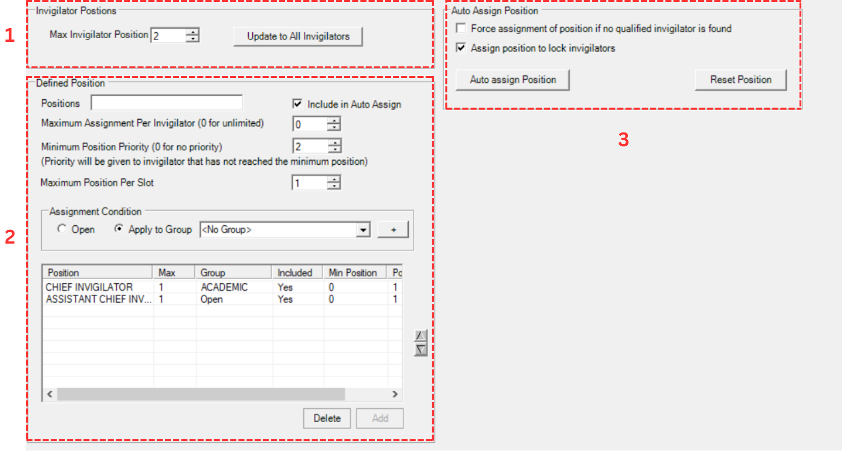 Invigilator Position window showing 3 areas: Invigilator Positions, Defined Position, and Auto Assign Position