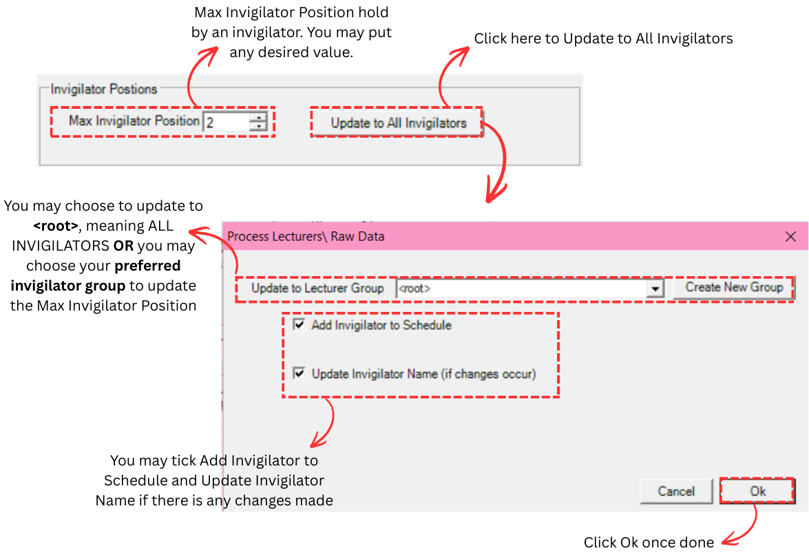 Invigilator Positions section showing Max Invigilator Position set to 2, Update to All Invigilators button, and Process Lecturers Raw Data window