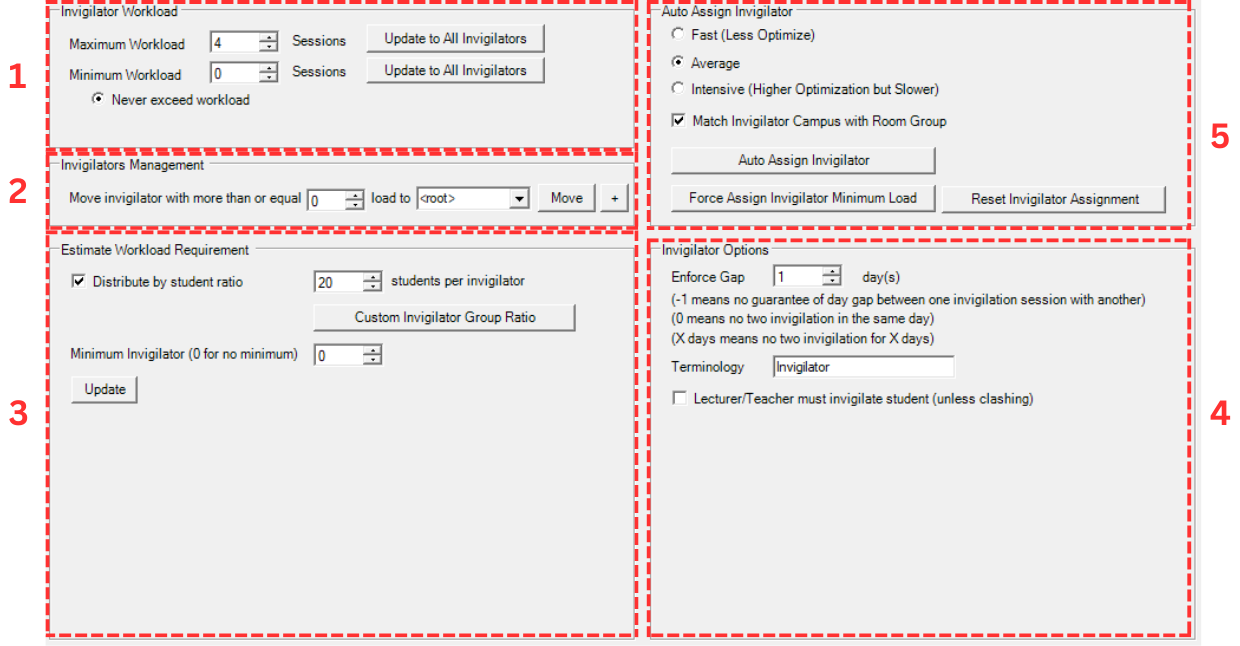 Invigilator window at Generate Options showing all 5 areas