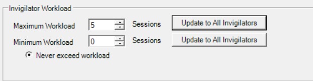 Invigilator Workload section showing Maximum and Minimum Workload settings
