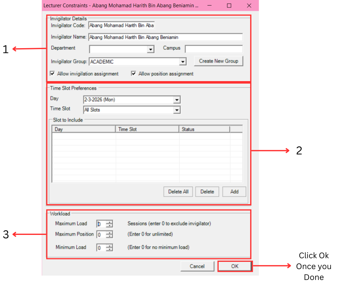 Lecturer Constraints window showing three sections: Invigilator Details, Time Slot Preferences, and Workload