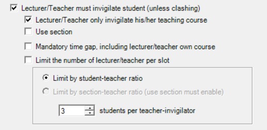 Lecturer/Teacher must invigilate student options with checkboxes