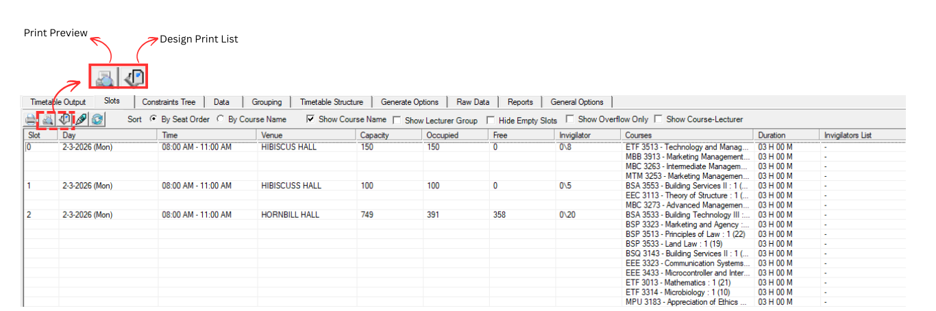 Location of Print Preview and Design Print List buttons
