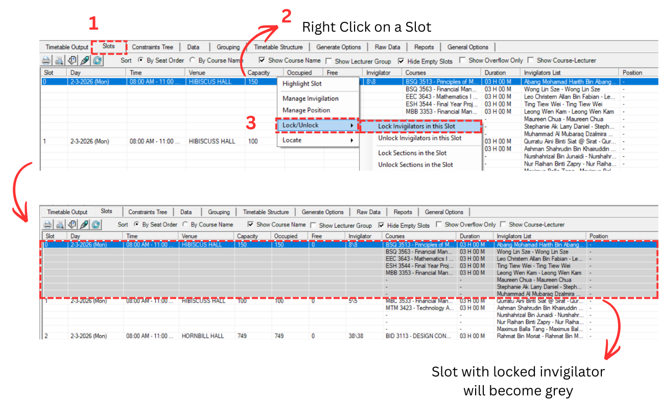 Right click on slot showing Lock/Unlock menu with Lock Invigilators in this Slot option, and locked slot shown in grey