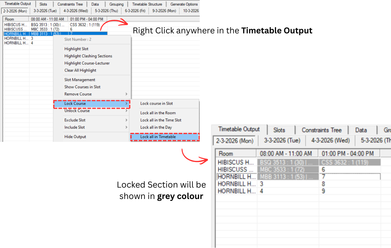 Right click menu showing Lock Course option and locked sections in grey