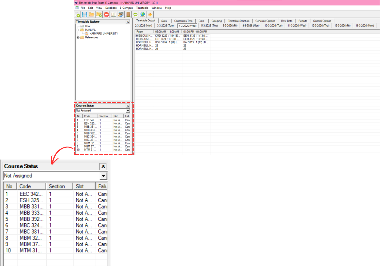 Timetable Output with Course Status panel showing Not Assigned sections