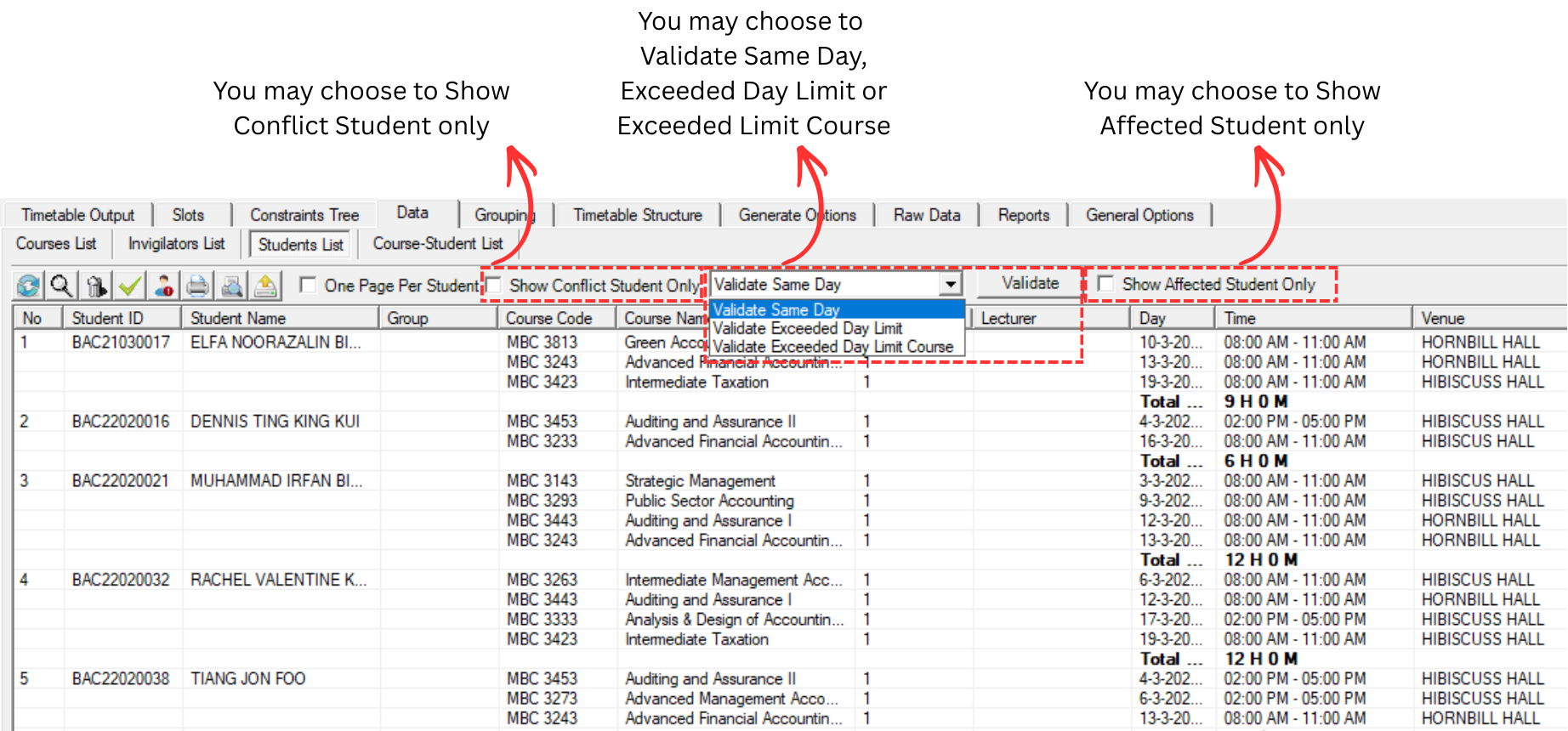 Options to choose in Student List